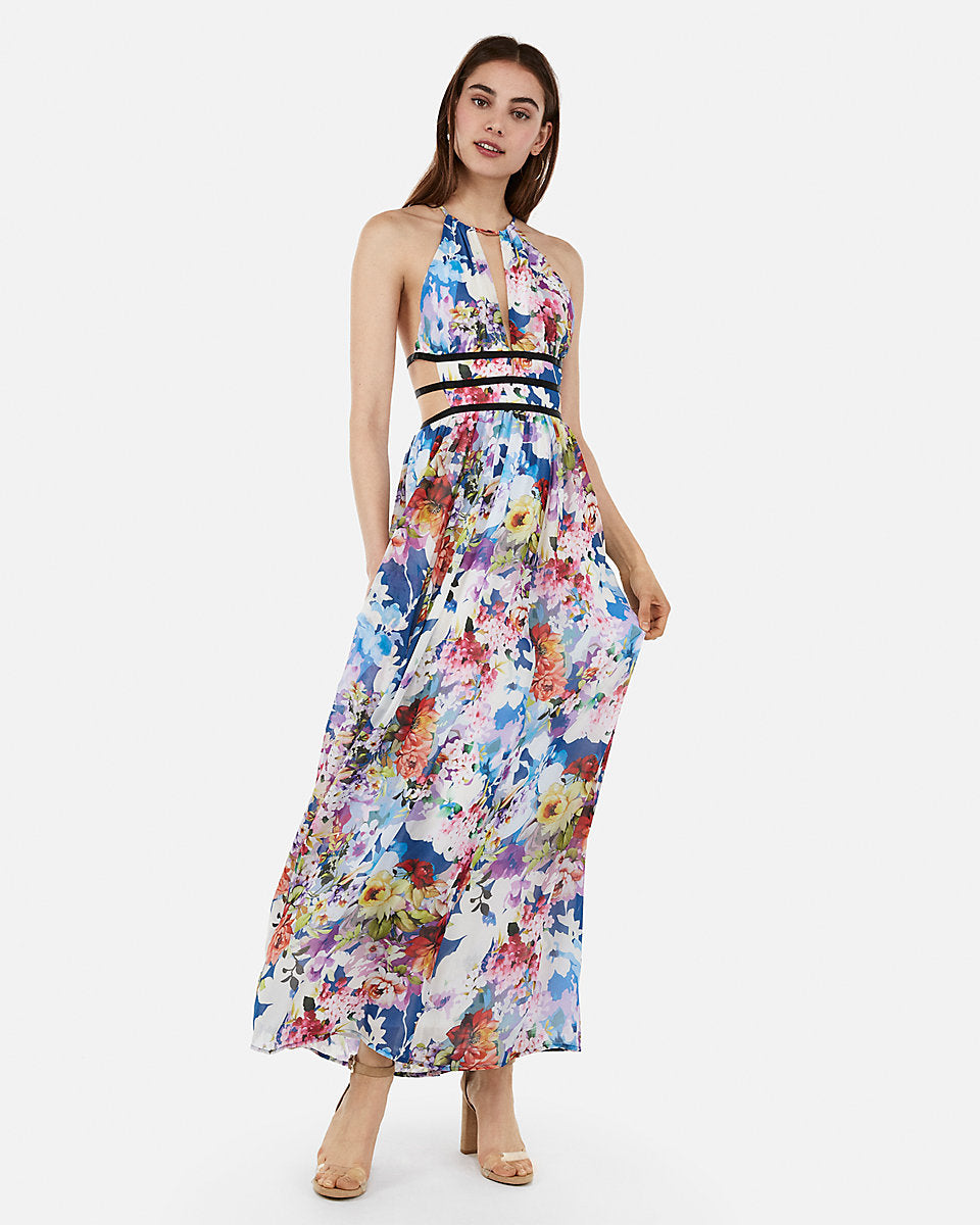 Floral Strappy Side Plunge Cut-Out Maxi ...
